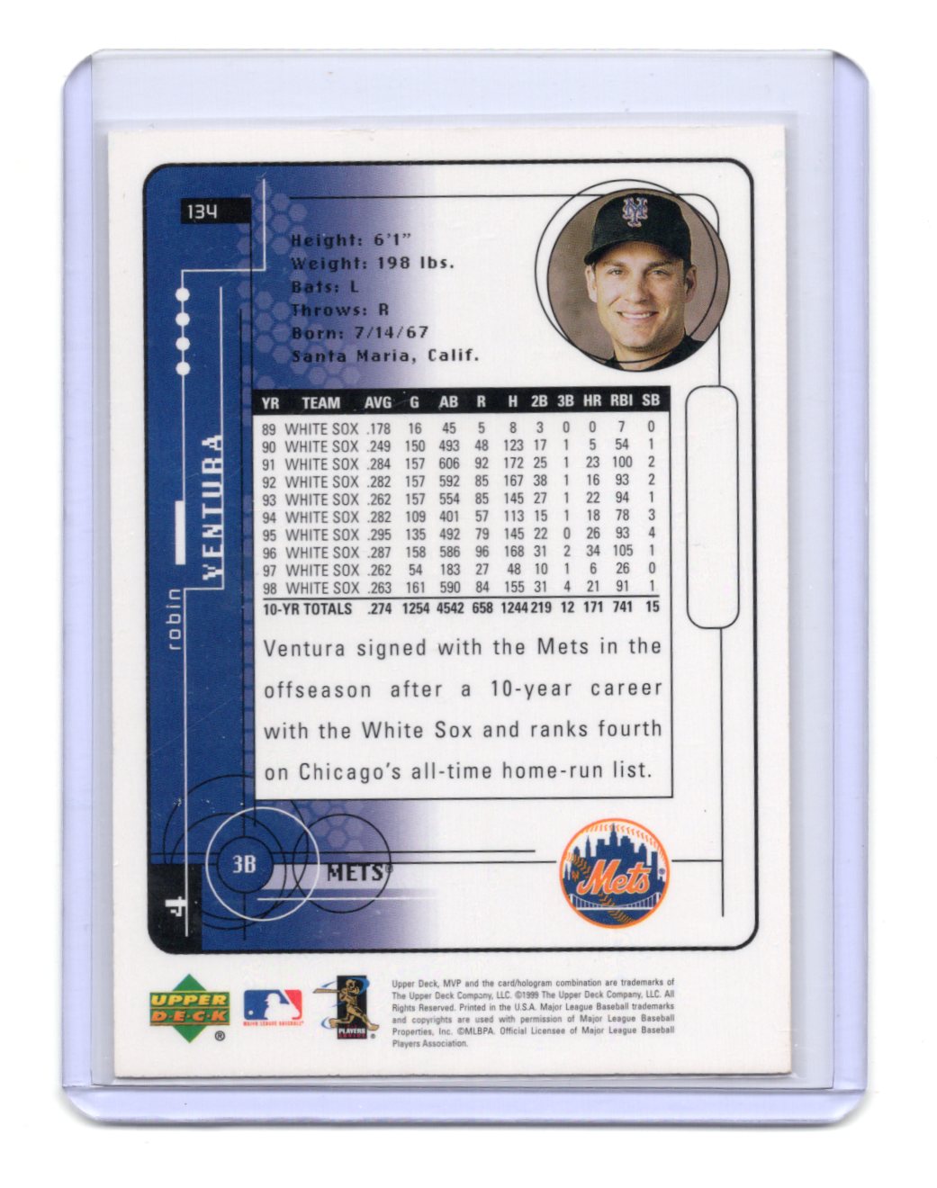 1999 Upper Deck MVP Robin Ventura Card New York Mets #134