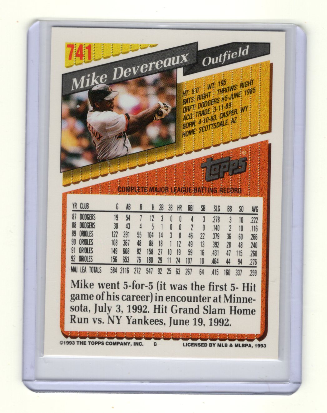 1993 Topps Mike Devereaux Card Baltimore Orioles #741