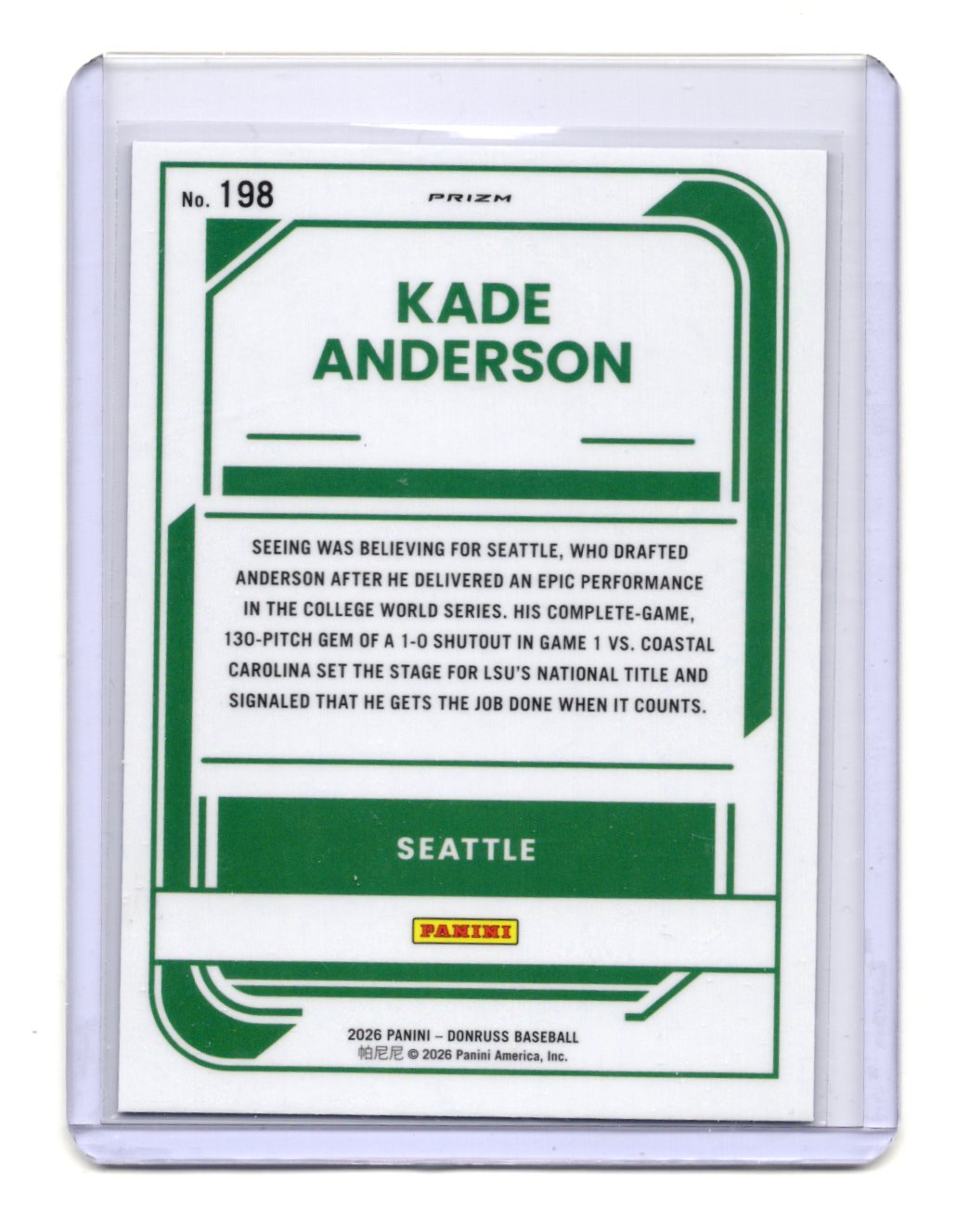 2026 Donruss Kade Anderson #198 Optic Blue Velocity Rated Prospect Mariners