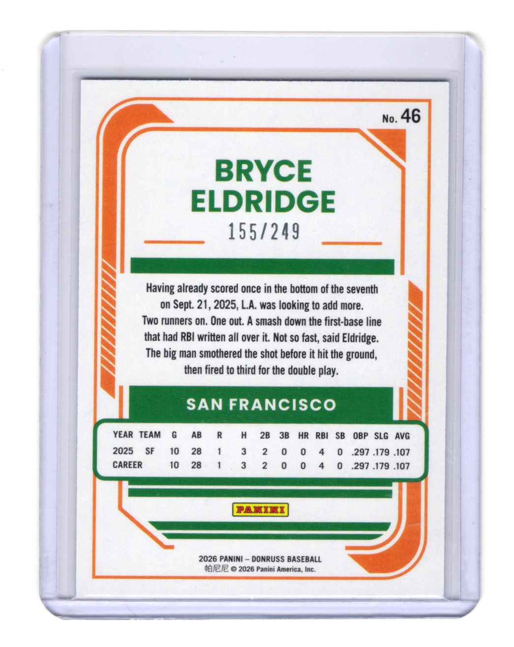 2026 Donruss Bryce Eldridge Card Laser Rookie San Francisco Giants #/249