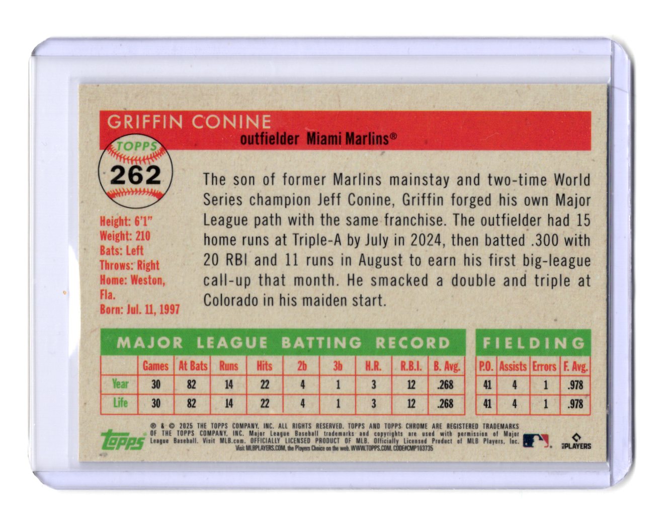 2025 Topps Chrome Platinum Griffin Conine Card Prism Refractors Rookie