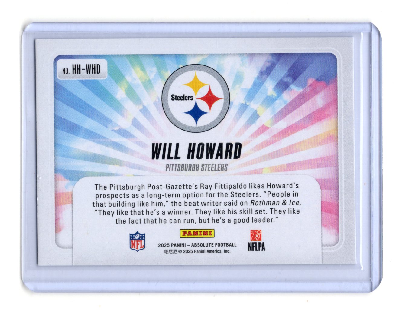 2025 Panini Absolute Will Howard Card Hog Heaven Pittsburgh Steelers #HH-WHD