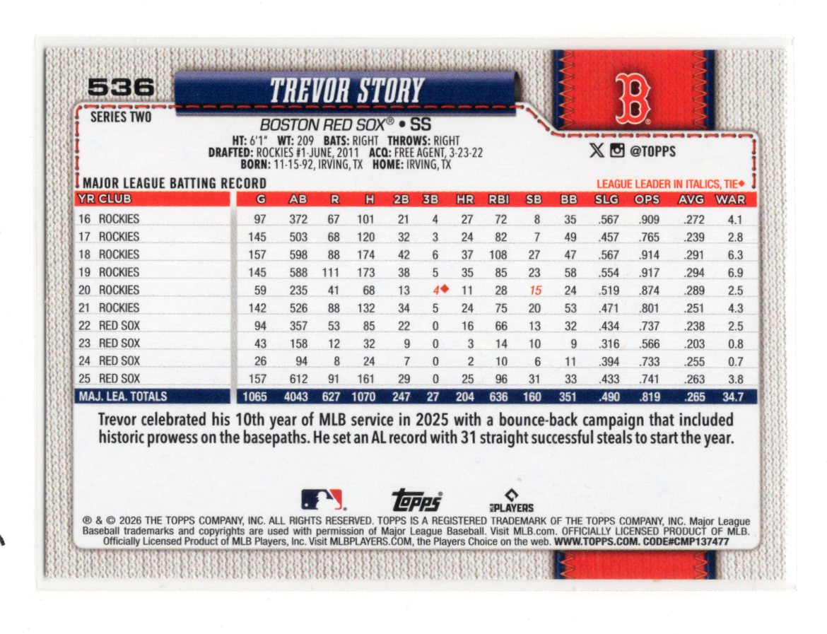2026 Topps Series 2 Trevor Story #536 All Star Game Parallel Boston Red Sox