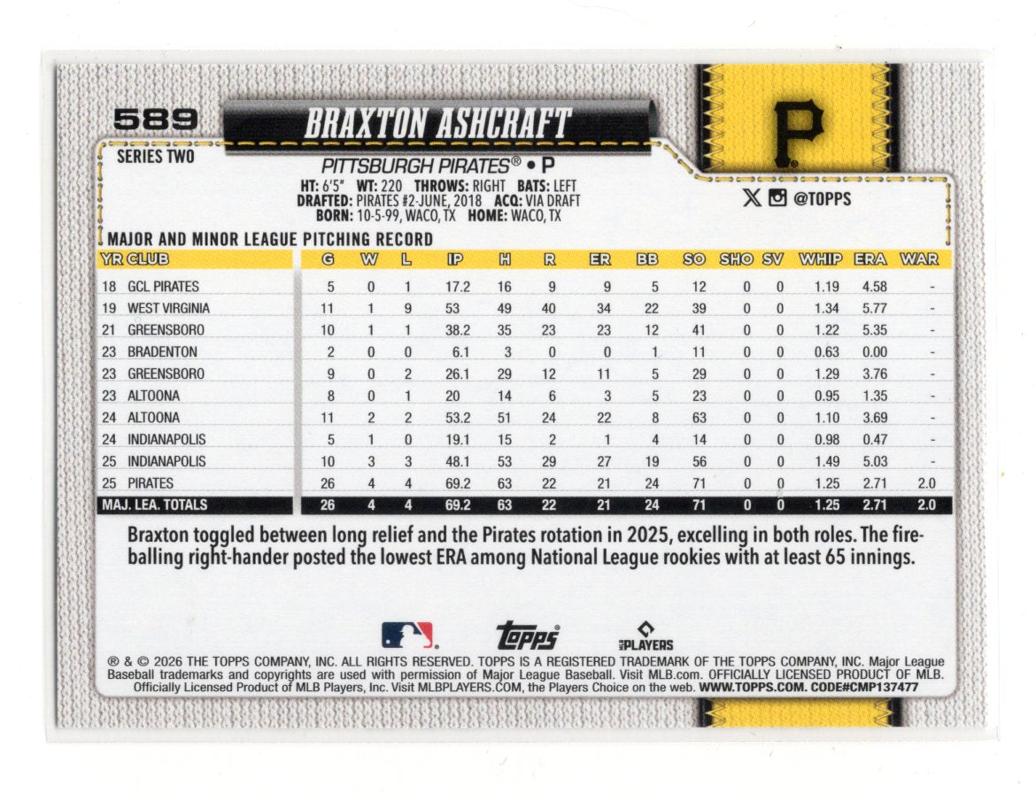 2026 Topps Series 2 Braxton Ashcraft RC #589 All Star Game Parallel Pirates
