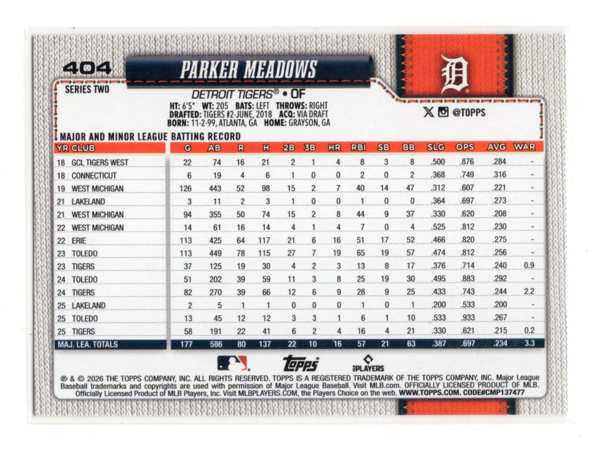 2026 Topps Series 2 Parker Meadows #404 All Star Game Parallel Detroit Tigers