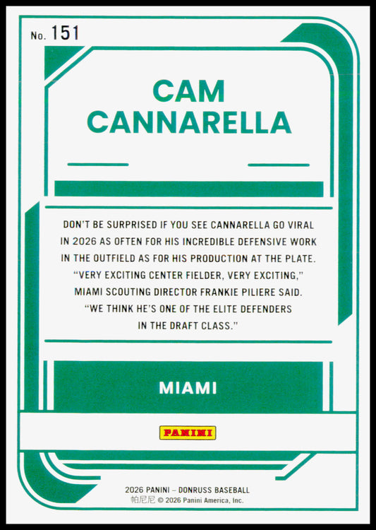 2026 Donruss Cam Cannarella Card Red and Blue Miami Marlins #151