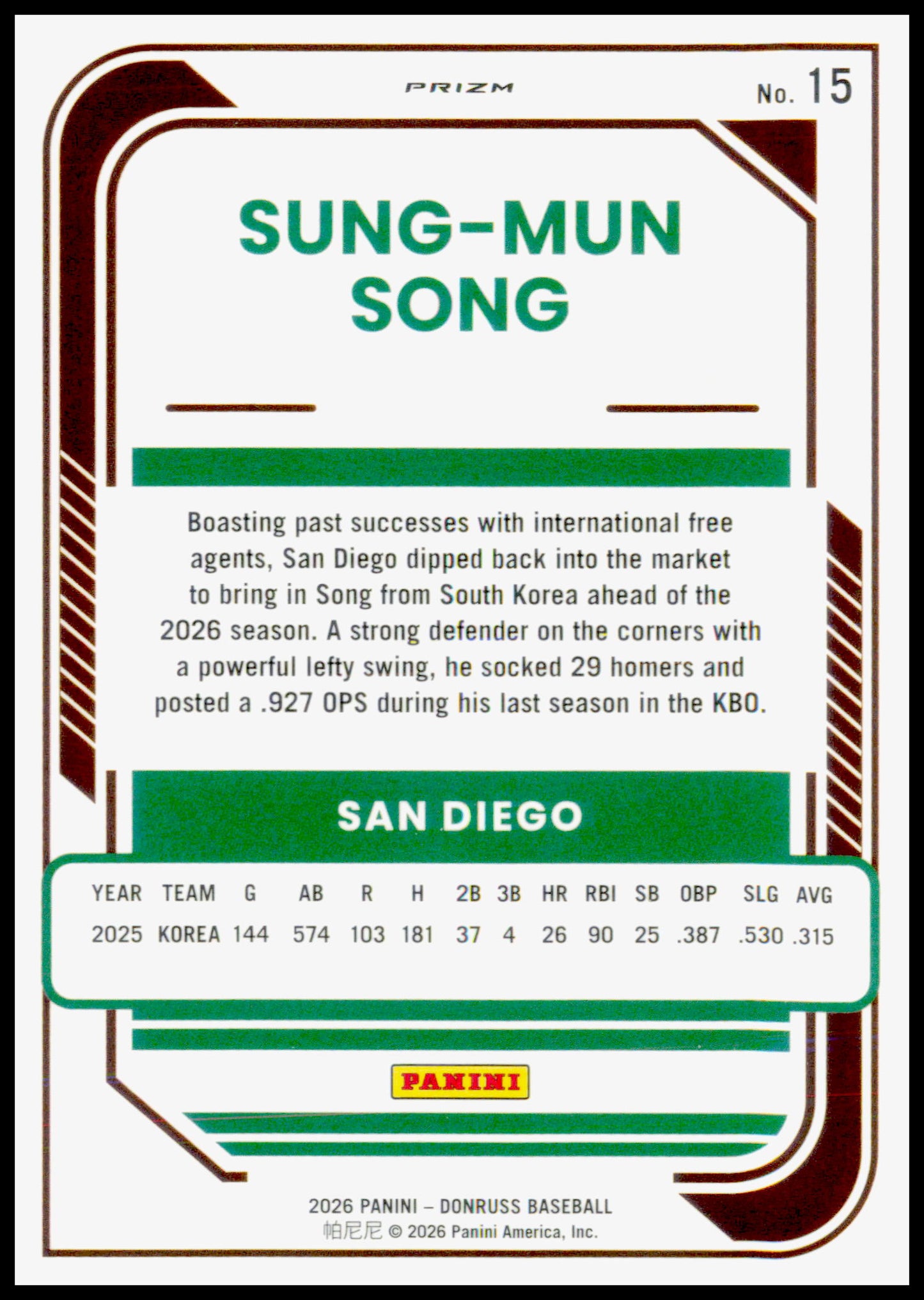 2026 Donruss Sung-Mun Song Card Optic Blue Velocity Rookie San Diego Padres #15