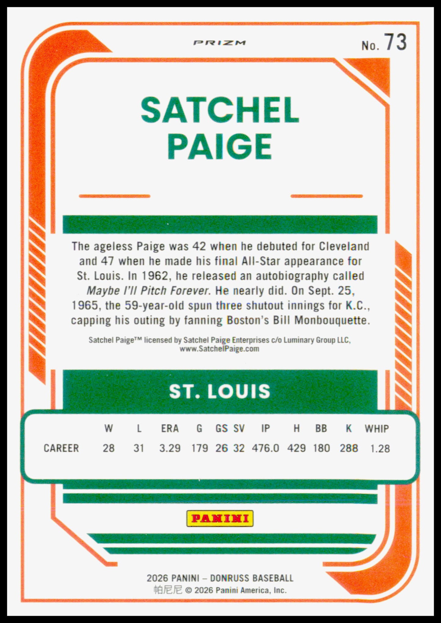 2026 Donruss Satchel Paige Card Optic Blue Velocity St. Louis Browns #73
