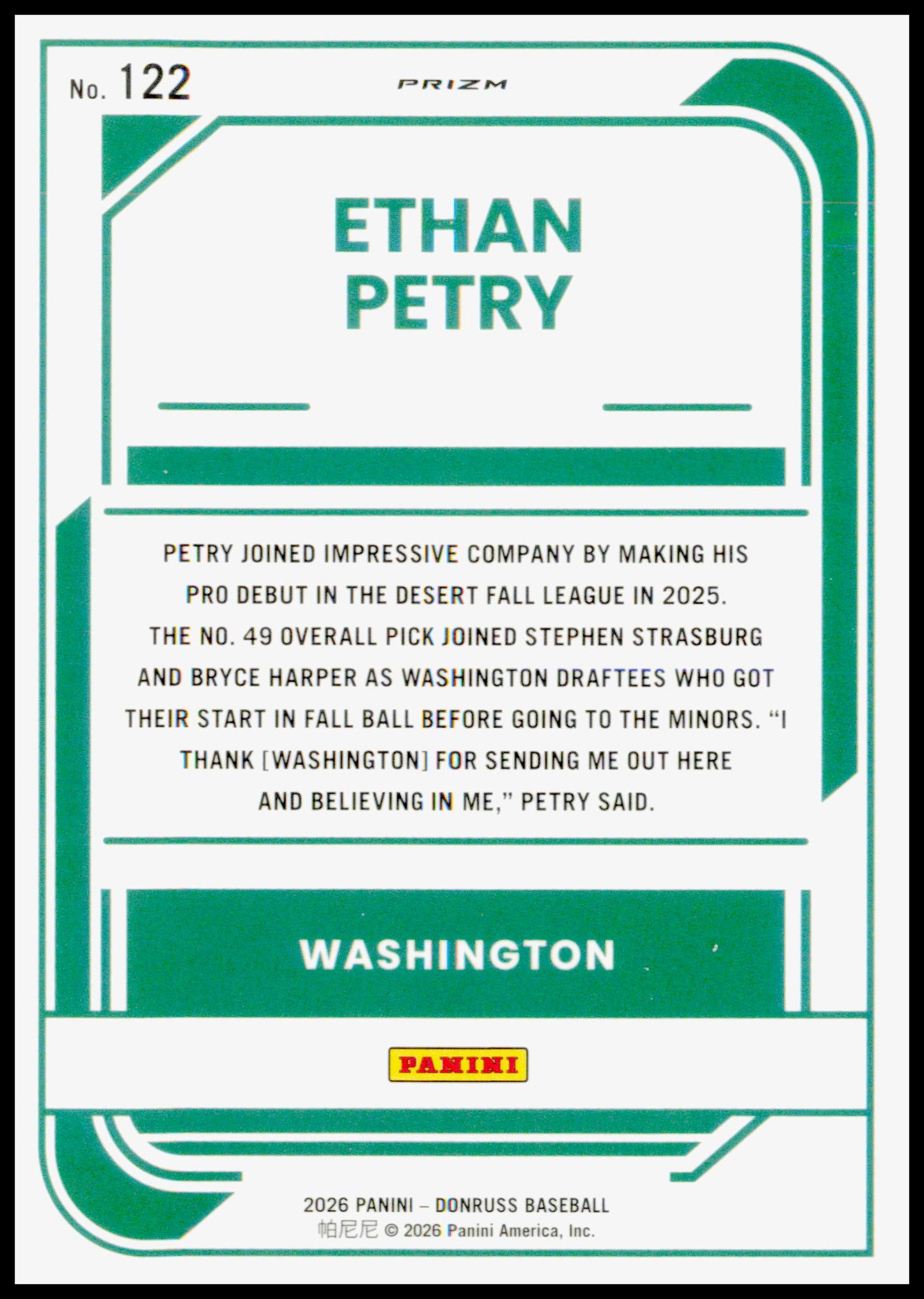 2026 Donruss Ethan Petry Card Optic Blue Velocity Washington Nationals #122