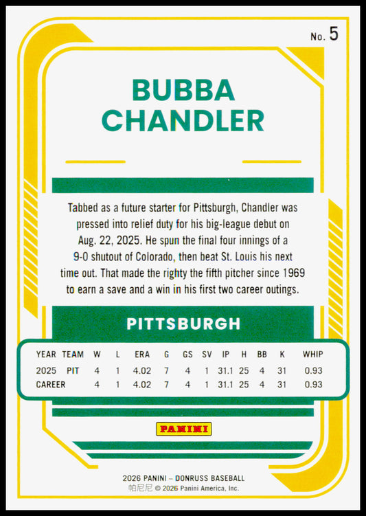 2026 Donruss Bubba Chandler Card Liberty Rookie Pittsburgh Pirates #5