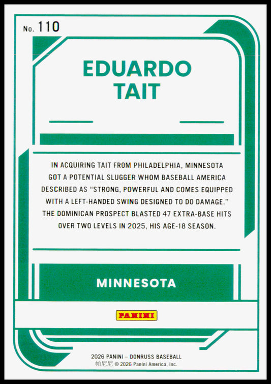 2026 Donruss Eduardo Tait Card Red and Blue Minnesota Twins #110