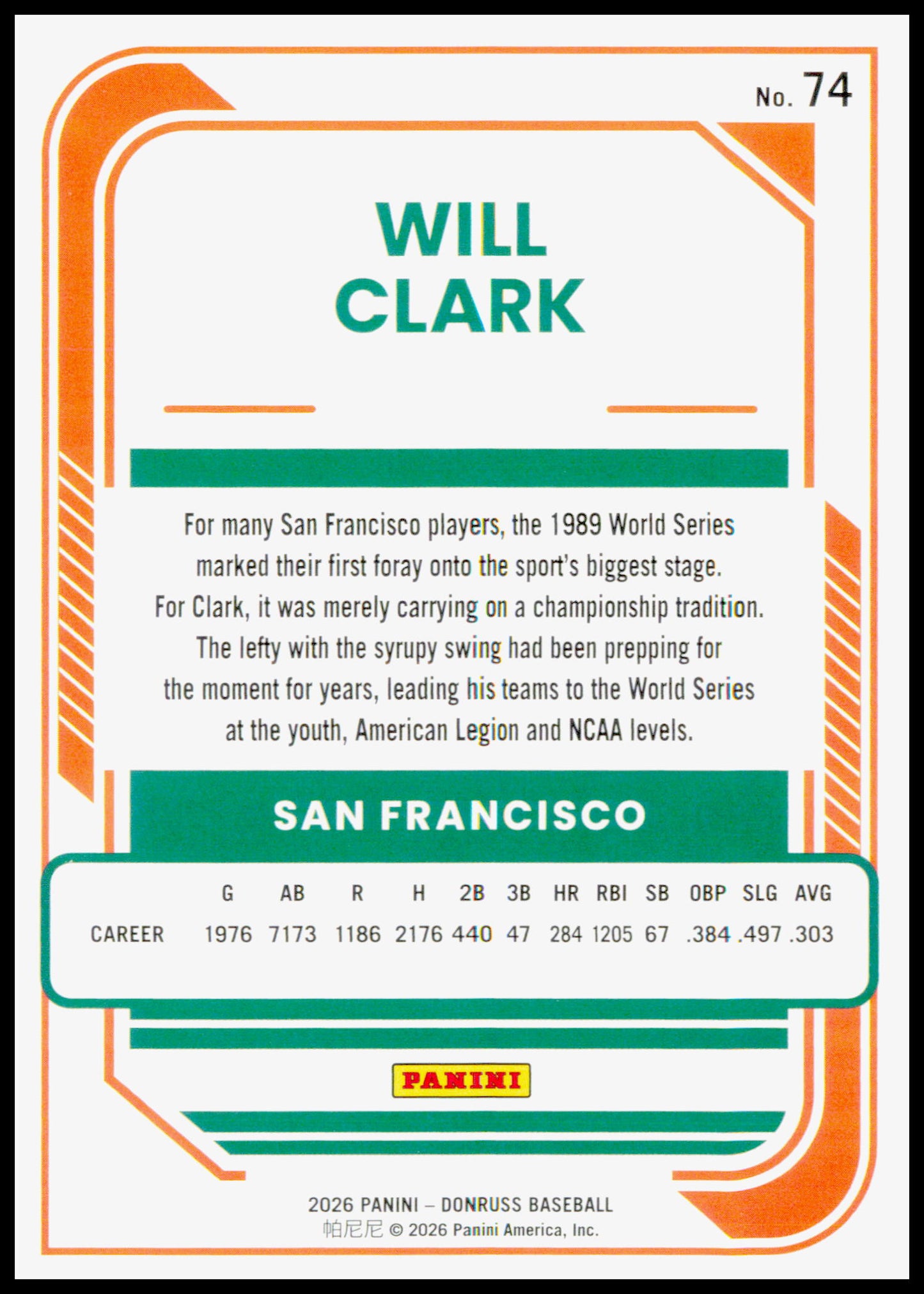 2026 Donruss Will Clark Card San Francisco Giants #74