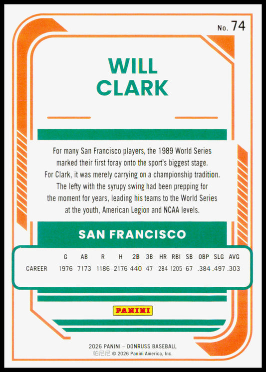 2026 Donruss Will Clark Card San Francisco Giants #74
