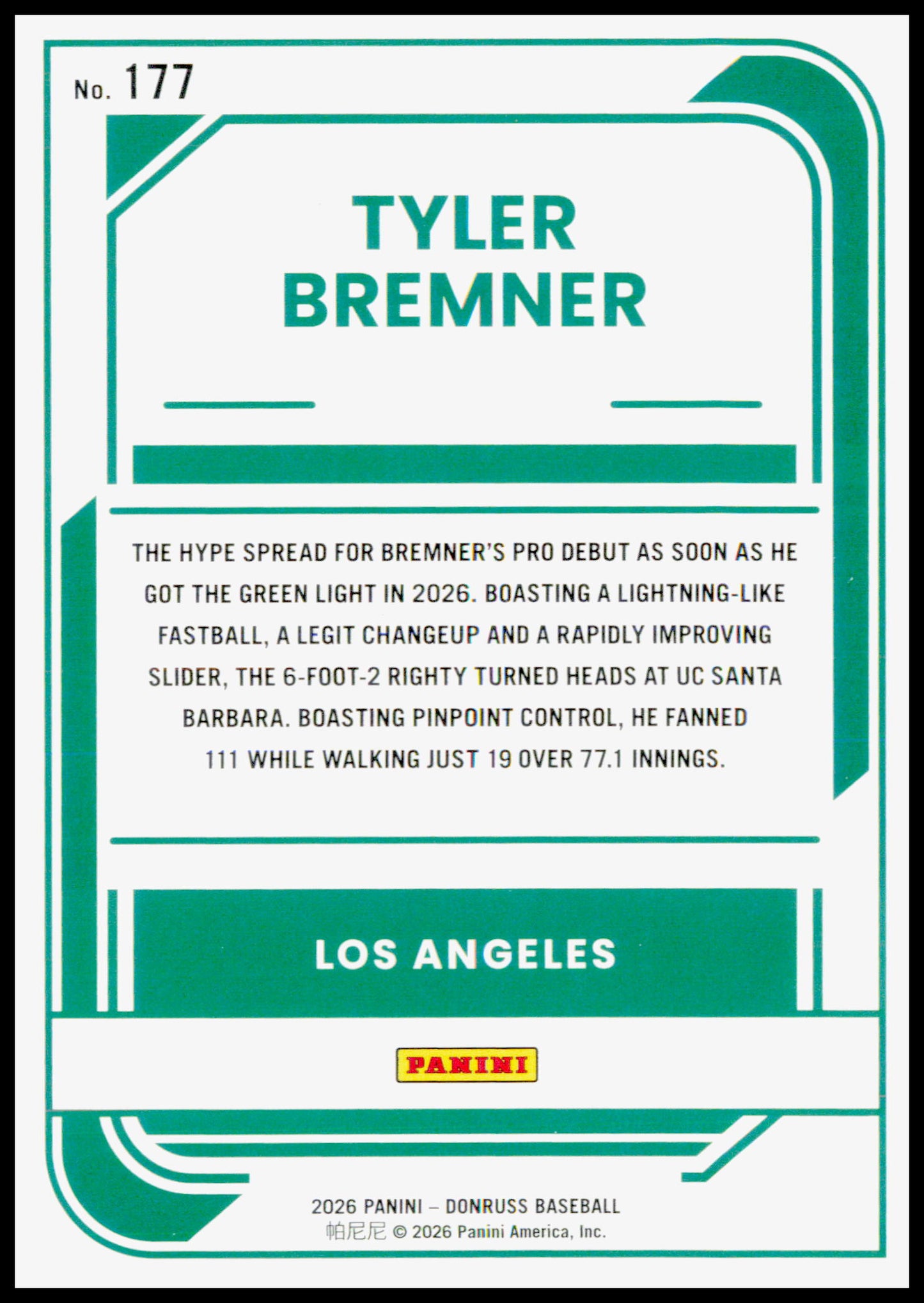 2026 Donruss Tyler Bremner Card Liberty Los Angeles Angels #177
