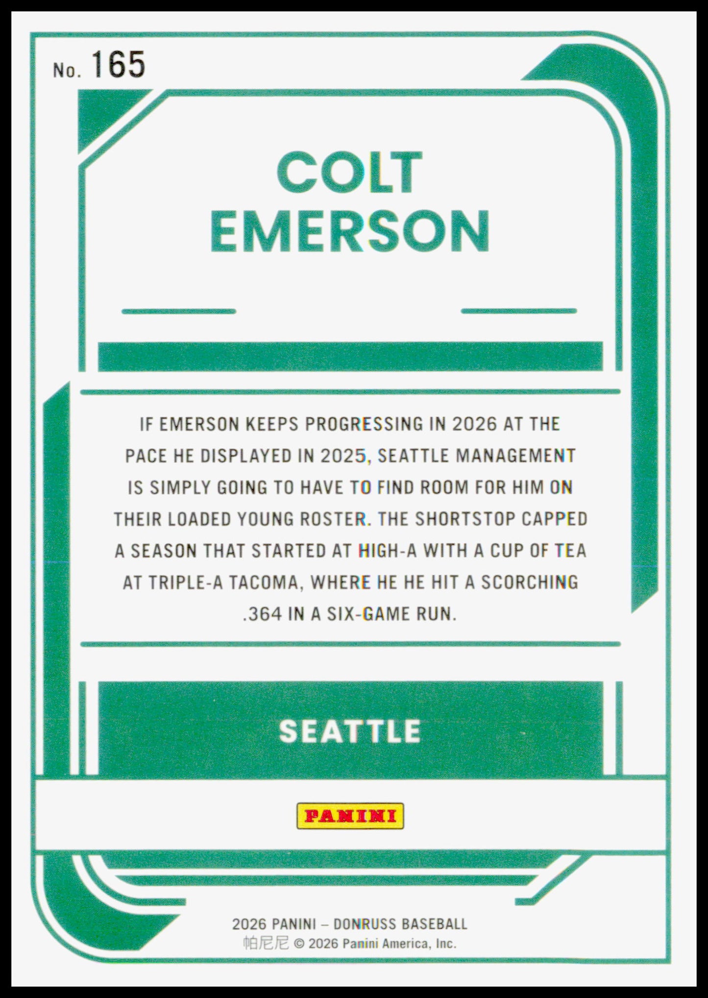 2026 Donruss Colt Emerson Card Optic Seattle Mariners #165