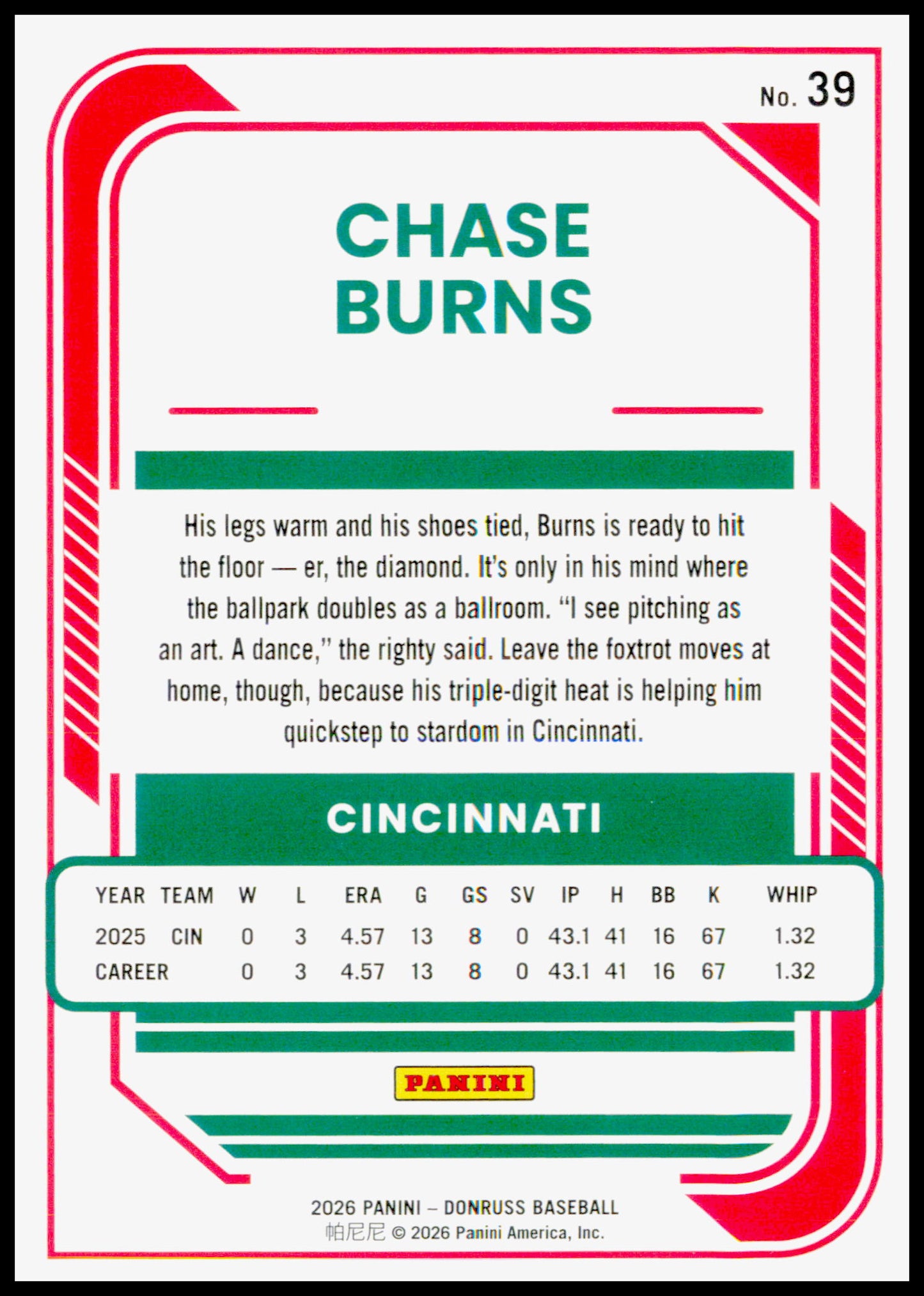 2026 Donruss Chase Burns Card Liberty Rookie Cincinnati Reds #39