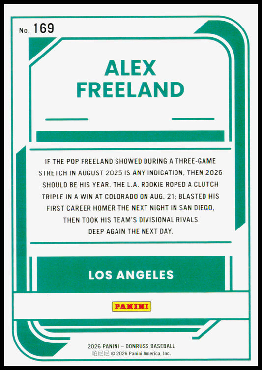 2026 Donruss Alex Freeland Card Liberty Rookie Los Angeles Dodgers #169
