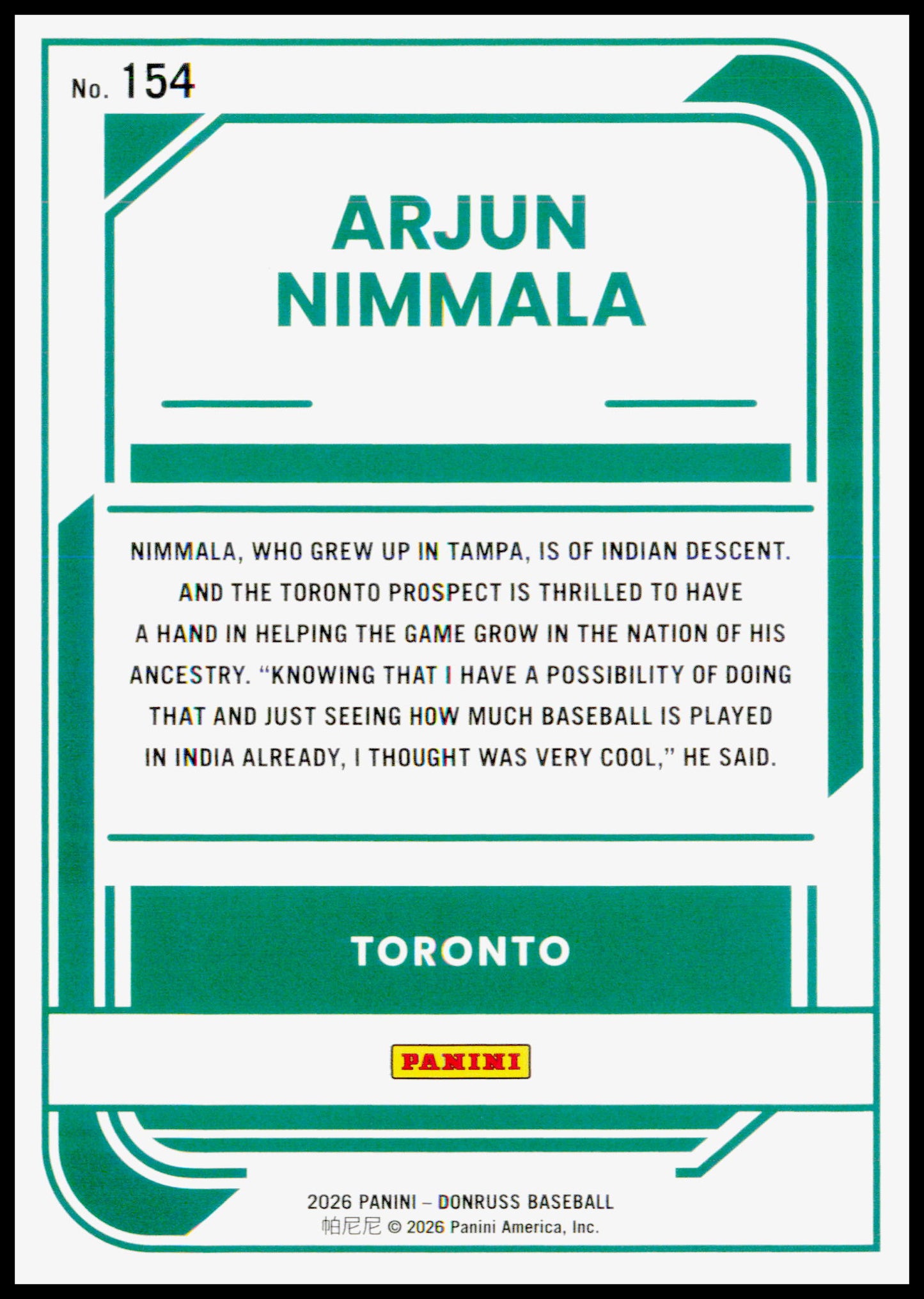 2026 Donruss Arjun Nimmala Card Rockets Toronto Blue Jays #154