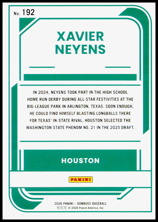 2026 Donruss Xavier Neyens Card Liberty Houston Astros #192