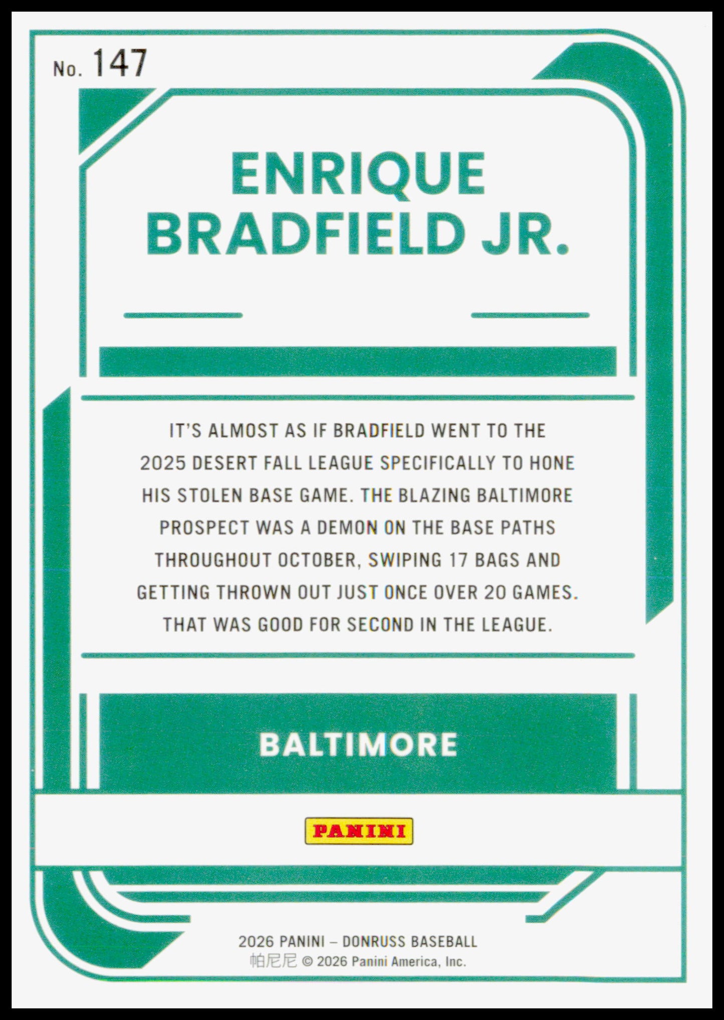2026 Donruss Enrique Bradfield Jr. Card Optic Baltimore Orioles #147