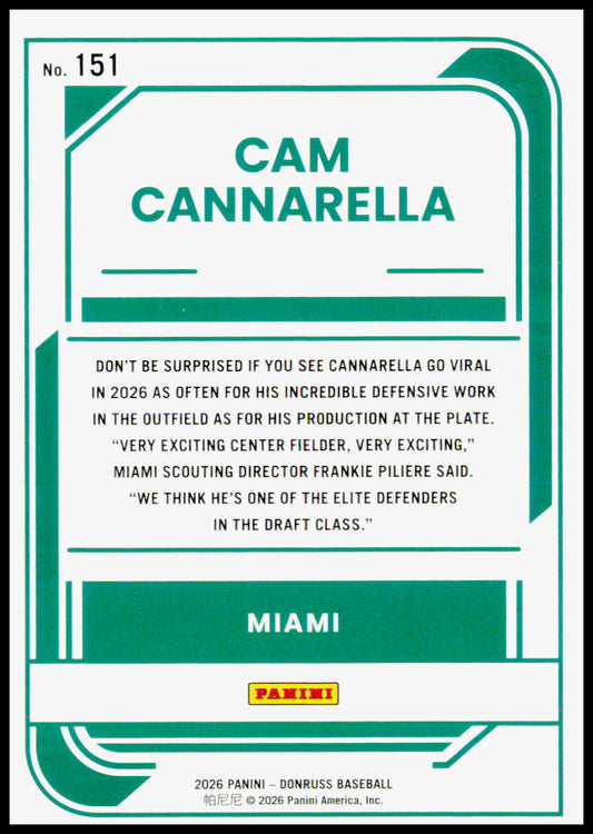 2026 Donruss Cam Cannarella Card Liberty Miami Marlins #151