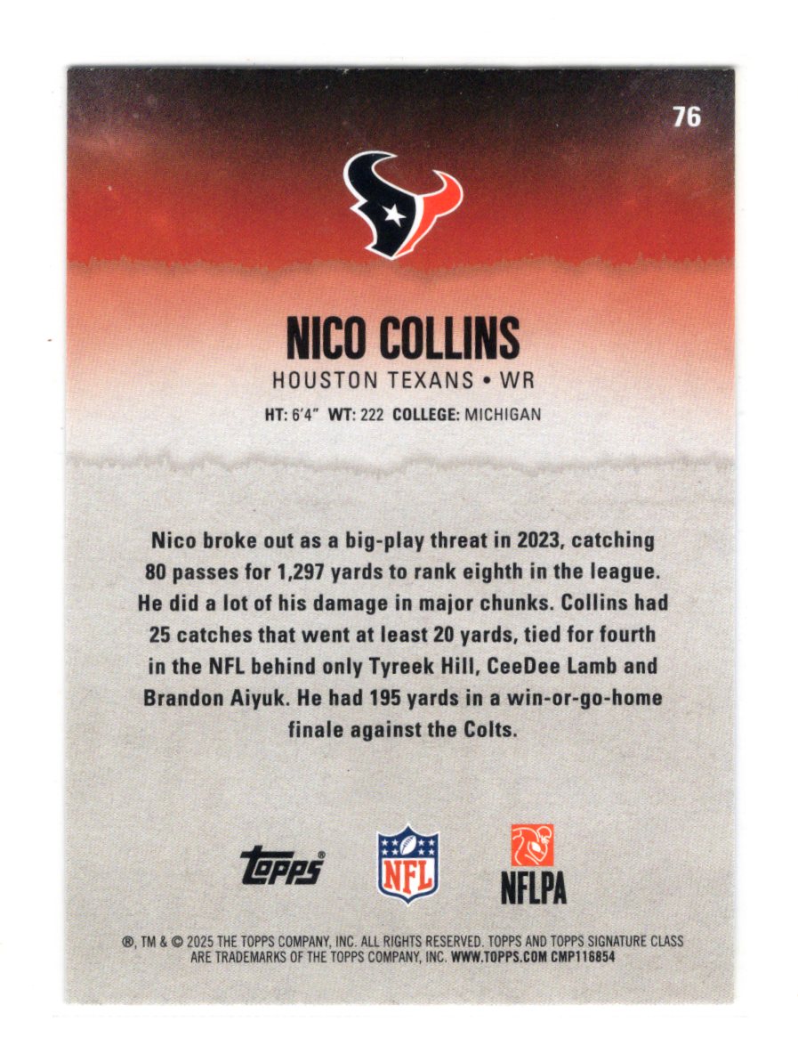 2025 Topps Signature Class Nico Collins Card Blue & Yellow Houston Texans #76