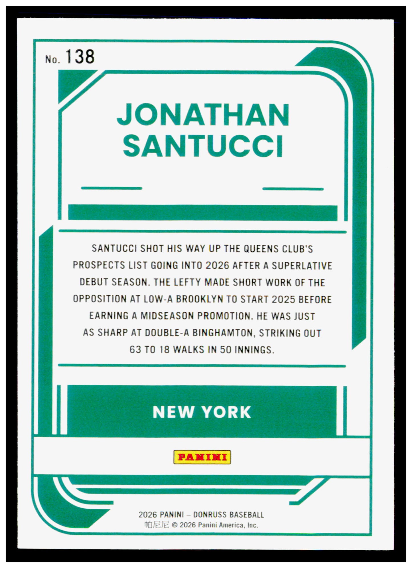 2026 Donruss Jonathan Santucci Card New York Mets #138
