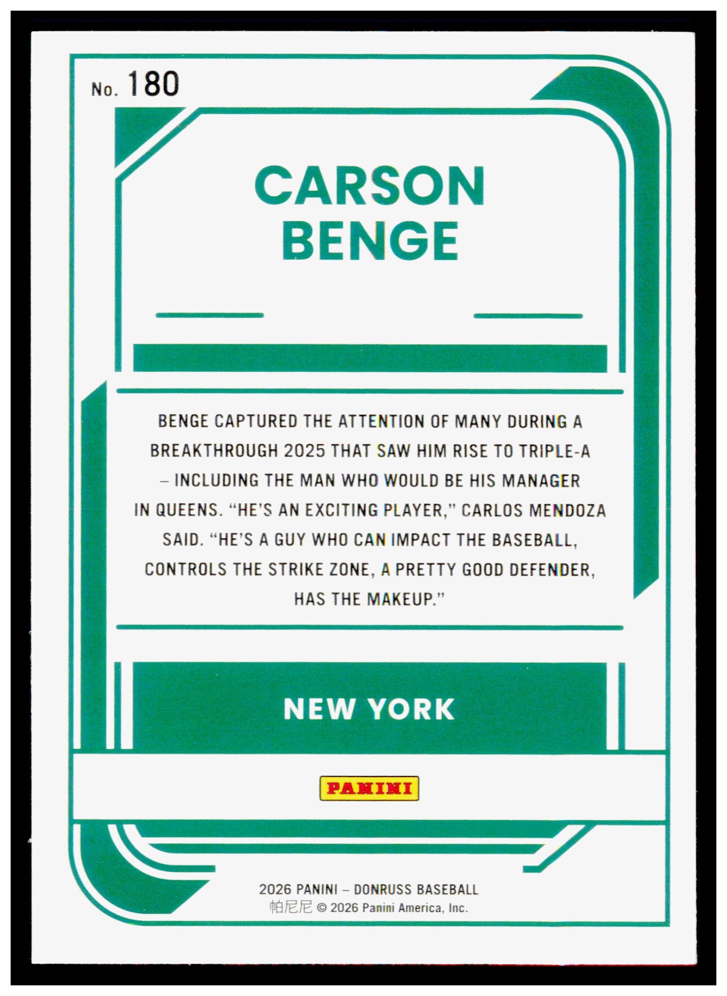 2026 Donruss Carson Benge Card New York Mets #180
