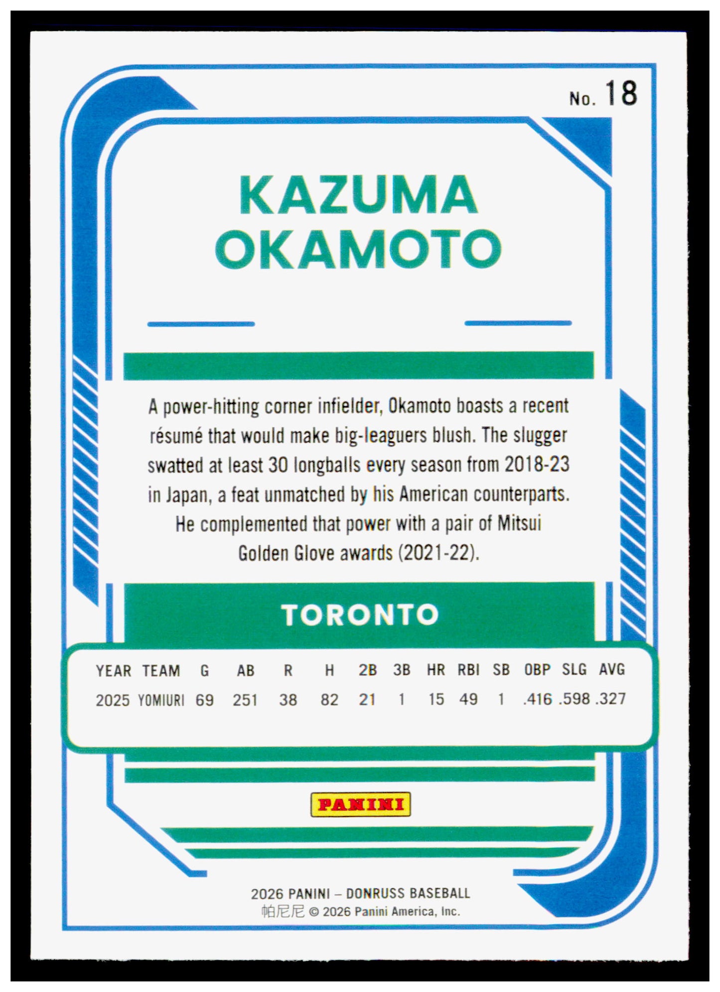 2026 Donruss Kazuma Okamoto Card Rookie Toronto Blue Jays #18