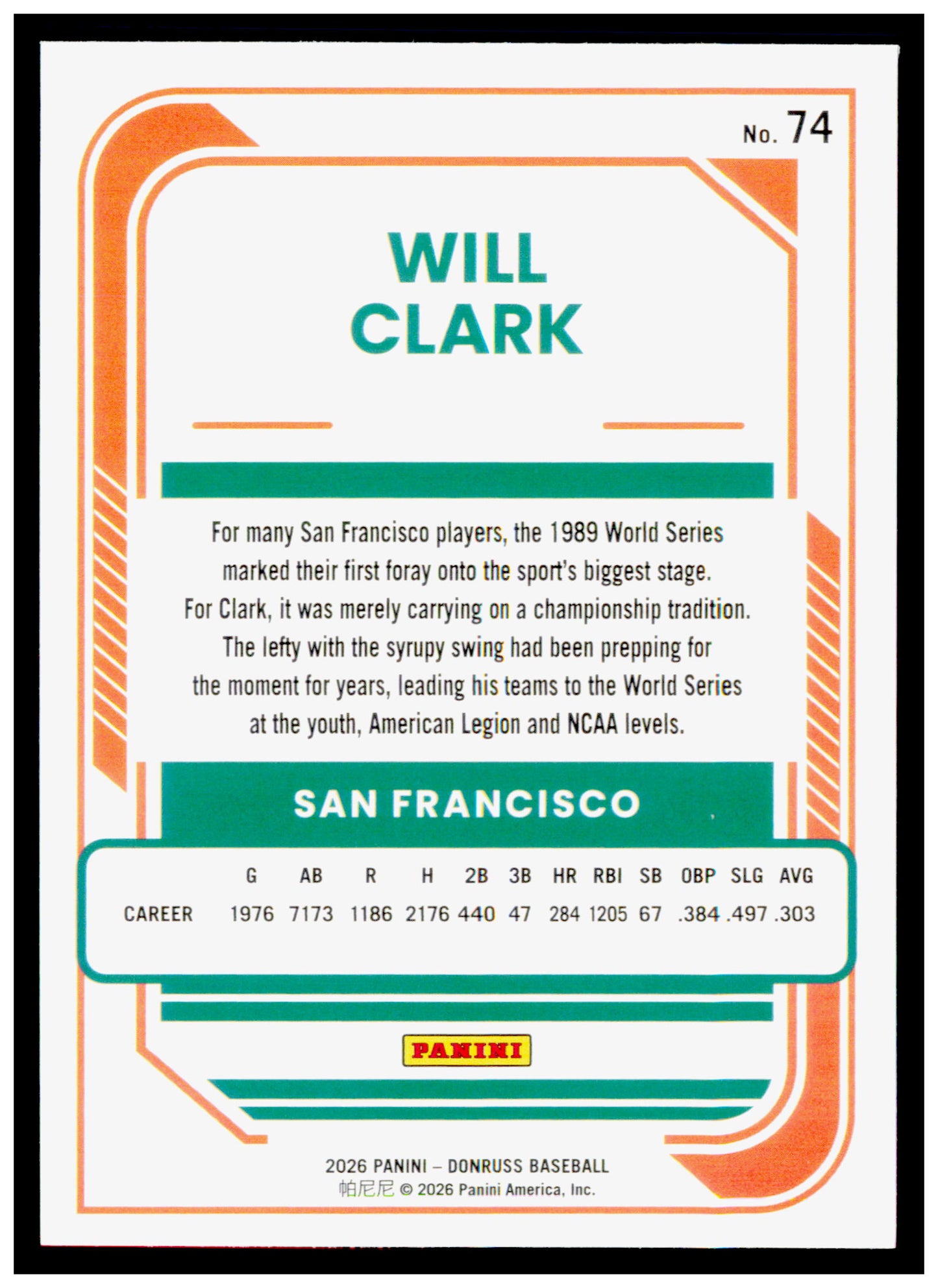 2026 Donruss Will Clark Card San Francisco Giants #74