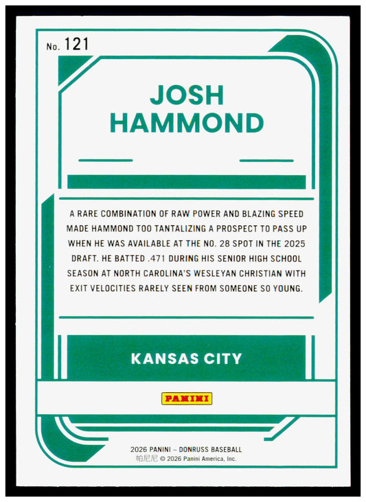 2026 Donruss Josh Hammond Card Kansas City Royals #121