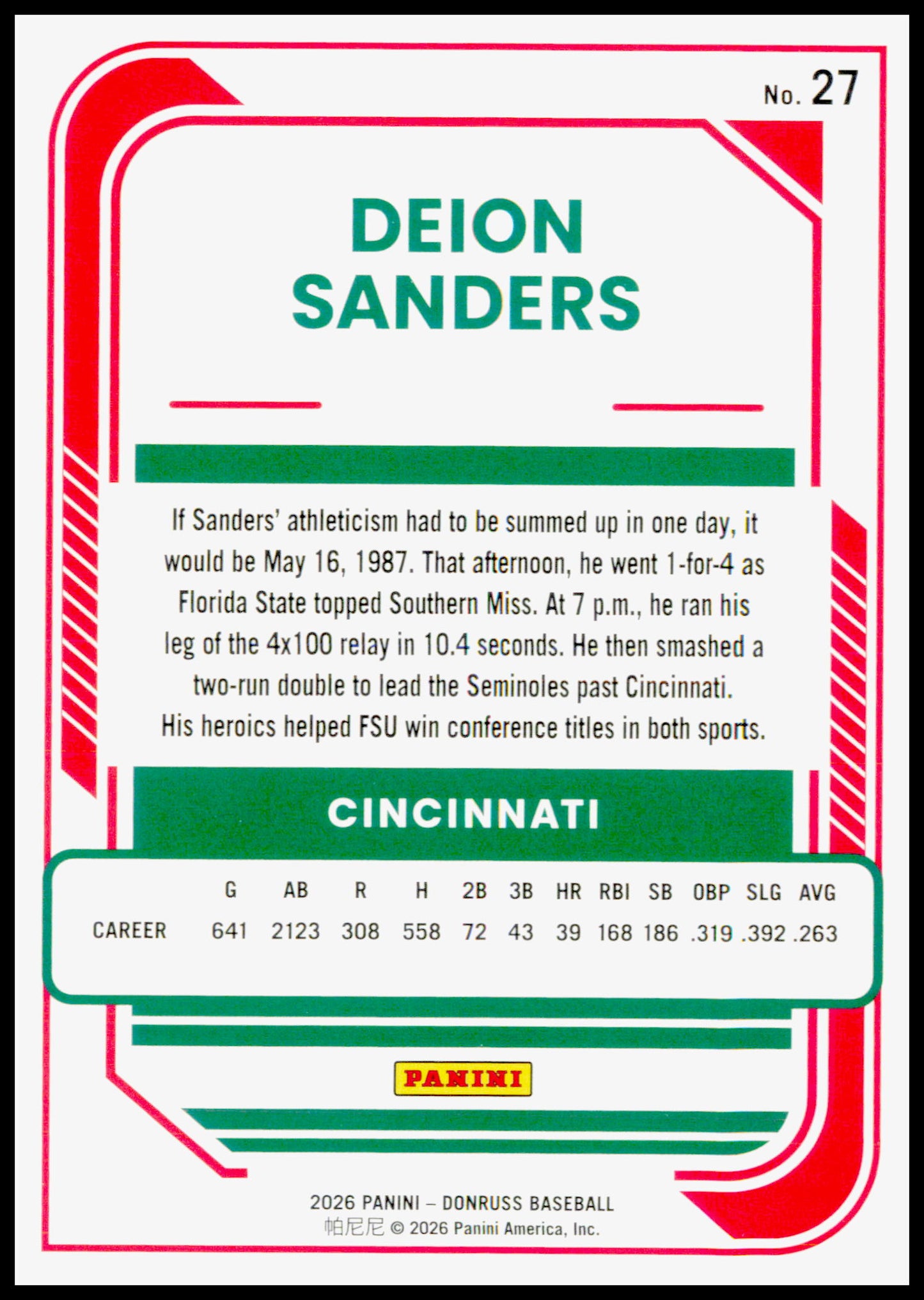 2026 Donruss Deion Sanders Card Red and Blue Cincinnati Reds #27