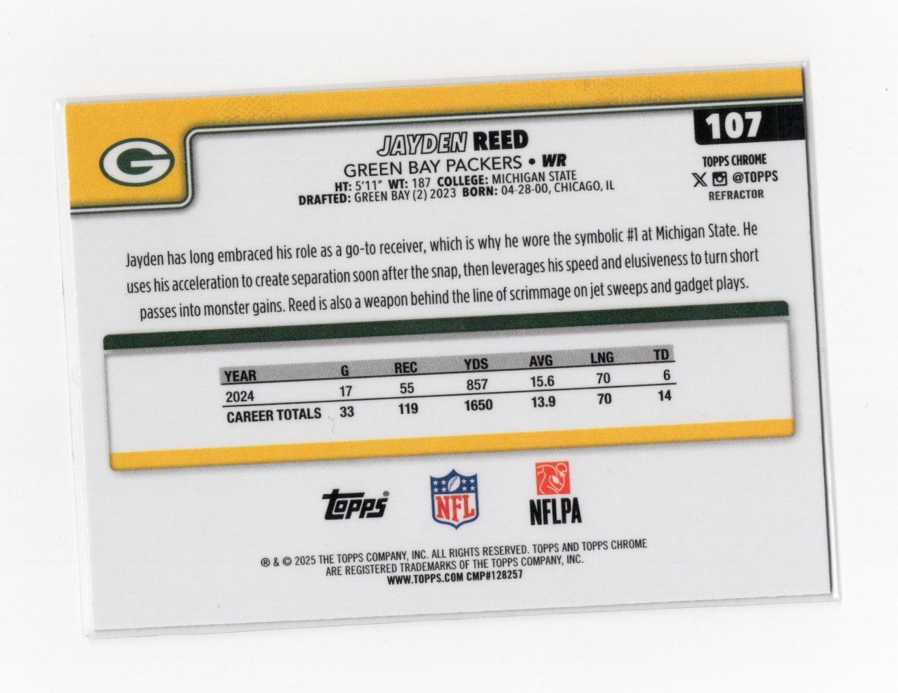 2025 Topps Chrome Jayden Reed Card Refractor Green Bay Packers #107