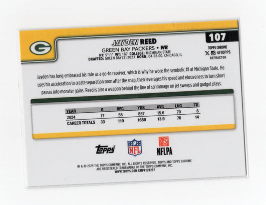 2025 Topps Chrome Jayden Reed Card Refractor Green Bay Packers #107