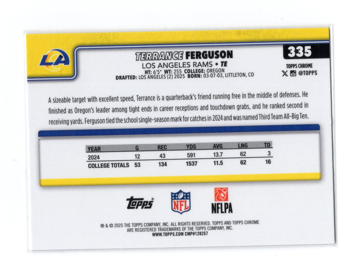 2025 Topps Chrome Terrance Ferguson Card Rookie Los Angeles Rams #335