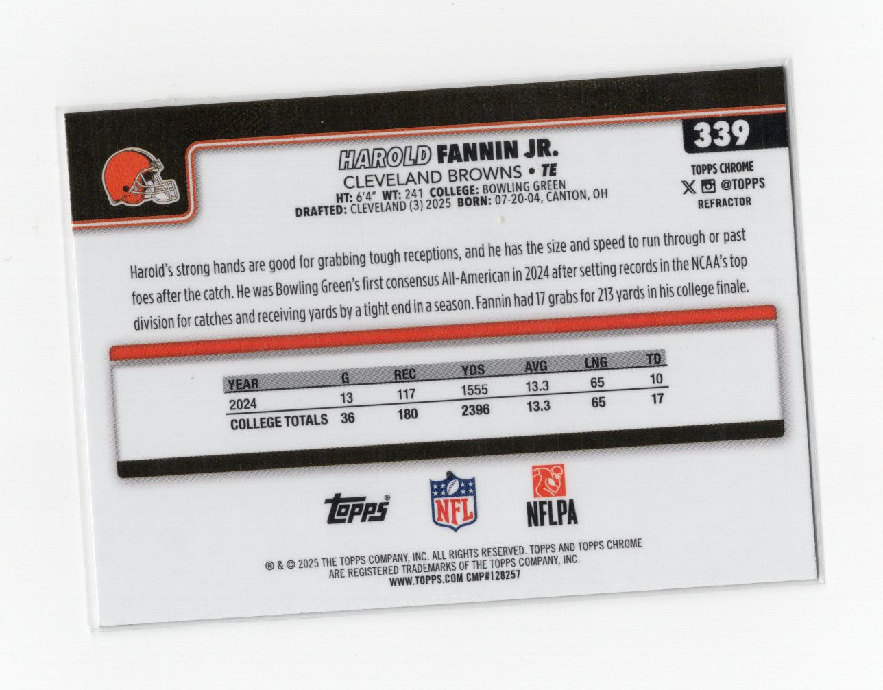 2025 Topps Chrome Harold Fannin Jr. Card Refractor Rookie Cleveland Browns #339