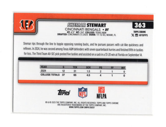 2025 Topps Chrome Shemar Stewart Card Rookie Cincinnati Bengals #363