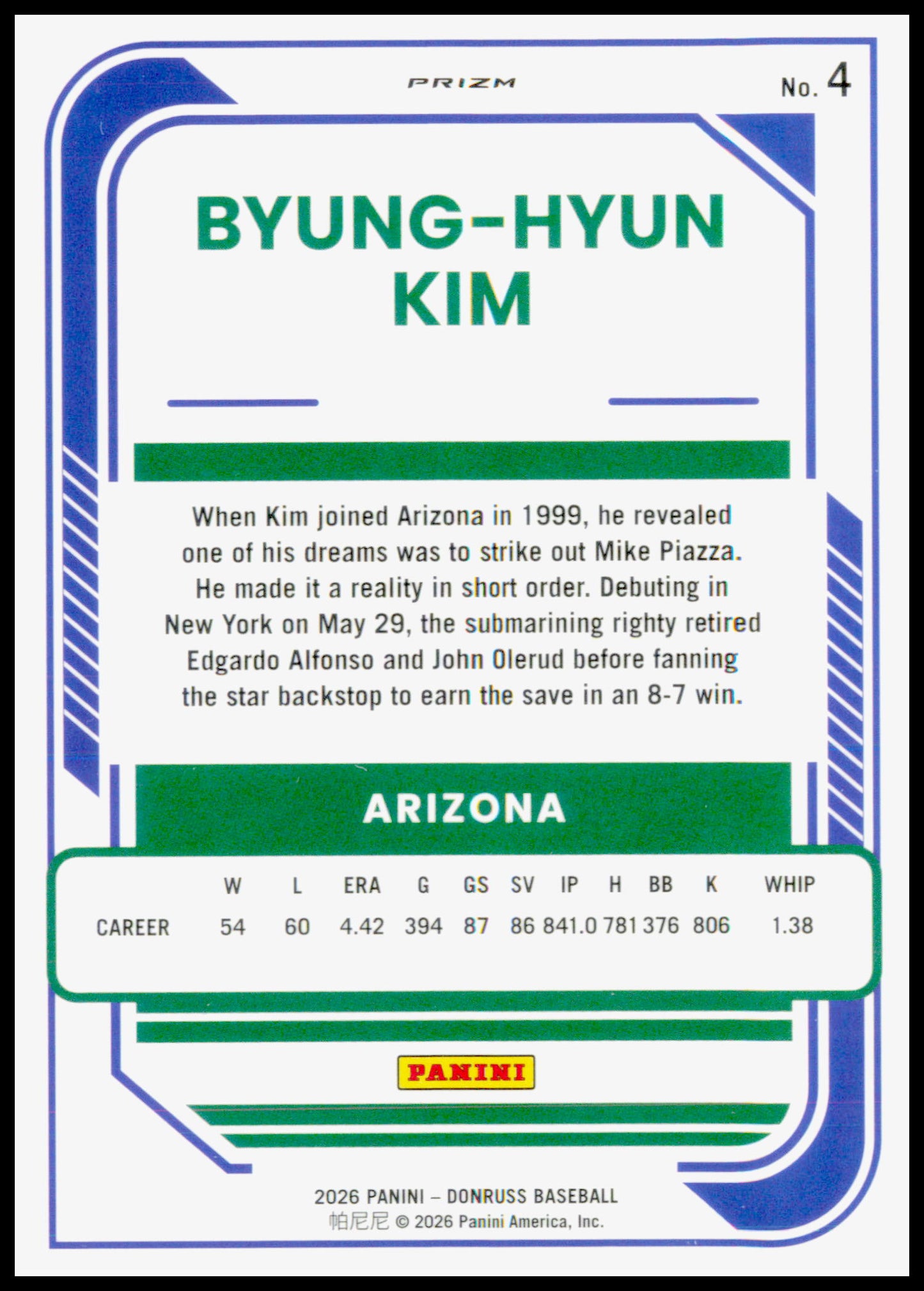 2026 Donruss Byung-Hyun Kim Card Optic Orange Velocity Arizona Diamondbacks #4