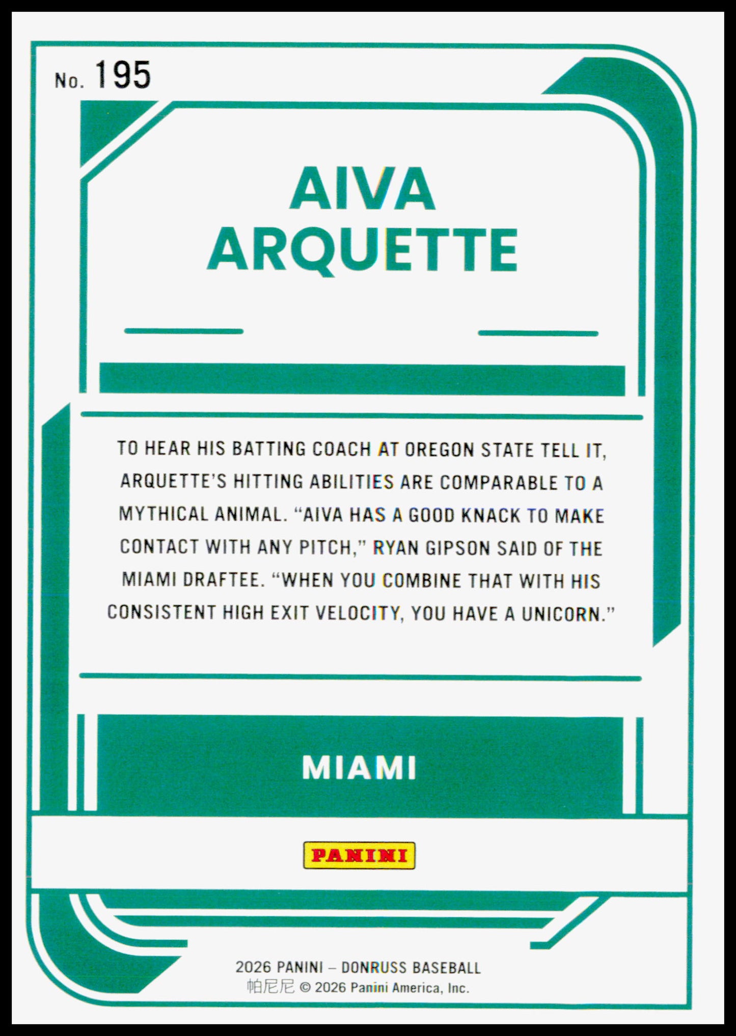 2026 Donruss Aiva Arquette Card Miami Marlins #195