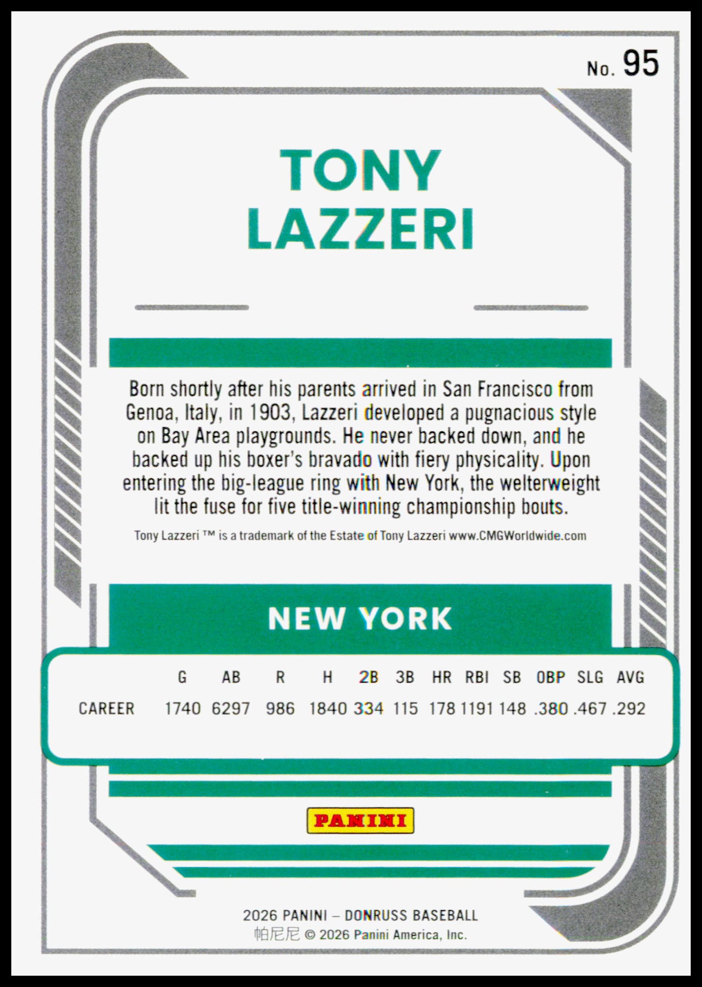 2026 Donruss Tony Lazzeri Card New York Yankees #95
