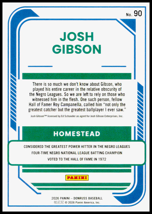2026 Donruss Josh Gibson Card Homestead Grays #90