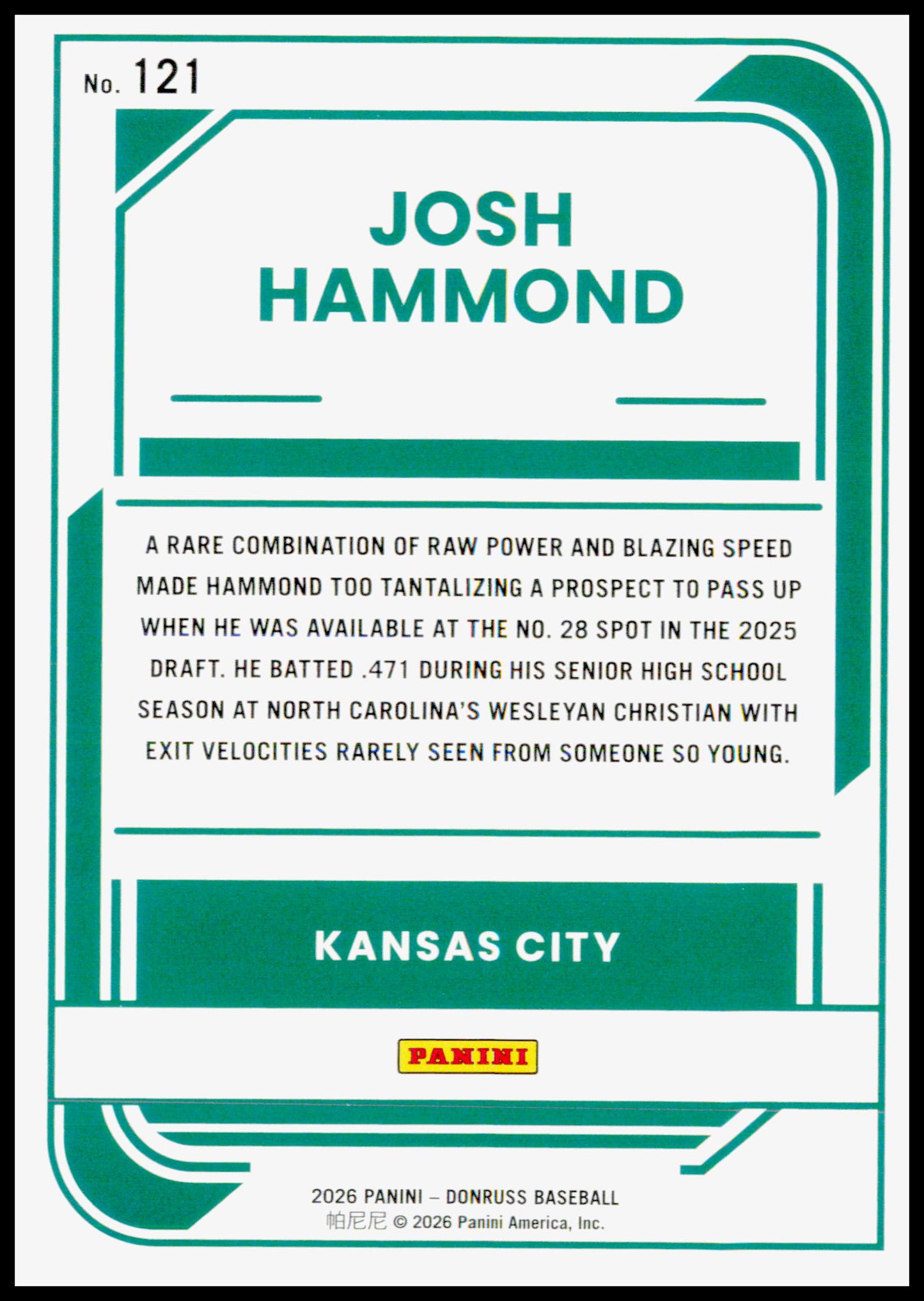 2026 Donruss Josh Hammond Card Kansas City Royals #121