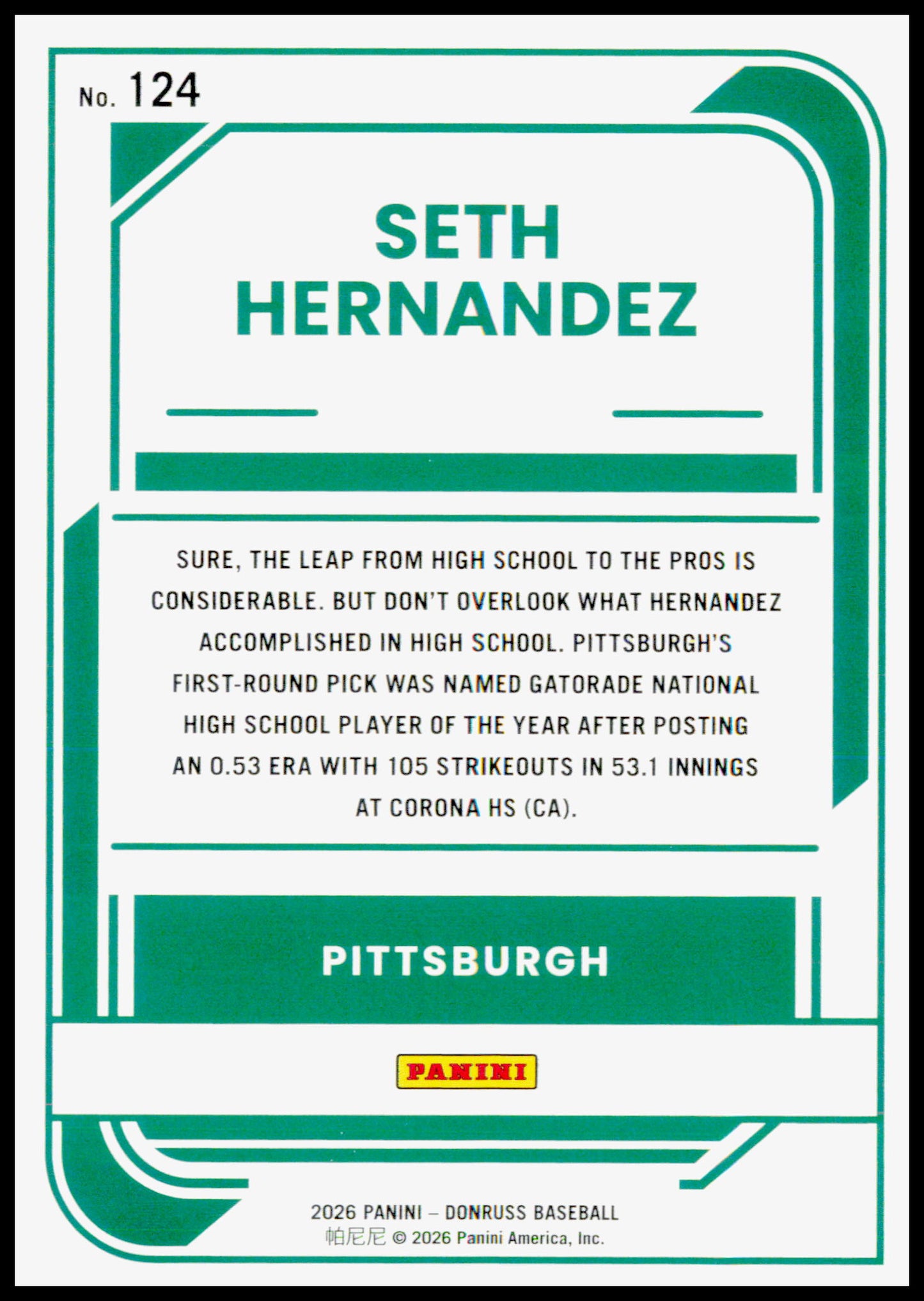 2026 Donruss Seth Hernandez Card Rockets Pittsburgh Pirates #124