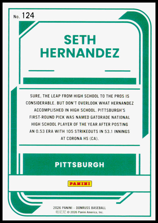 2026 Donruss Seth Hernandez Card Rockets Pittsburgh Pirates #124