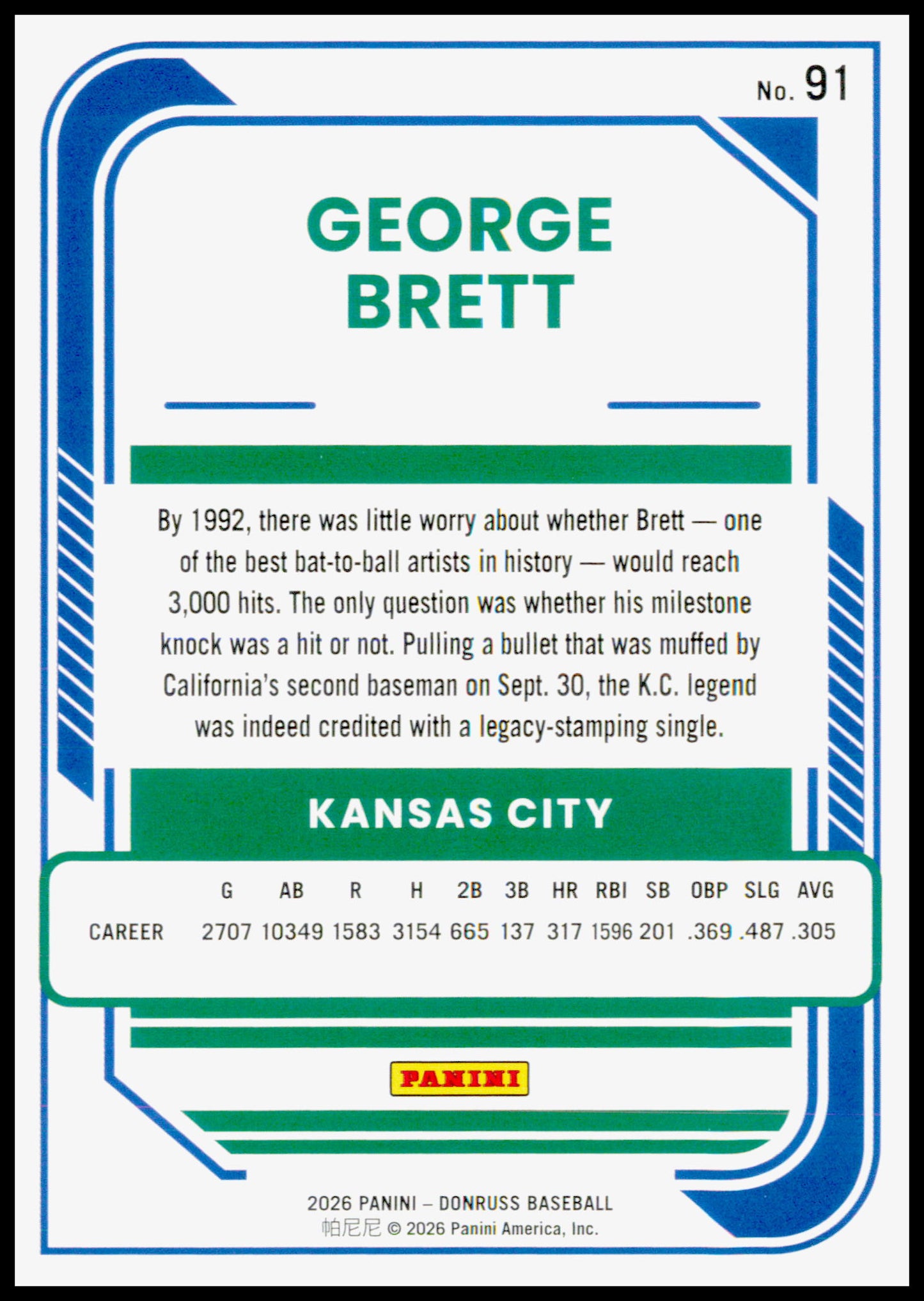 2026 Donruss George Brett Card Liberty Kansas City Royals #91