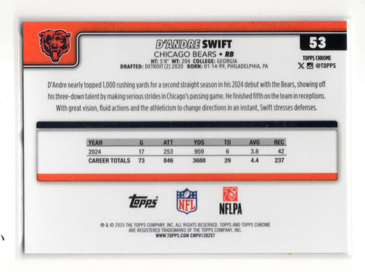 2025 Topps Chrome D'Andre Swift Card Pulsar Refractor Chicago Bears #53