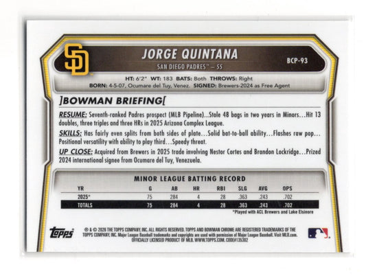 2026 Bowman Jorge Quintana Card Chrome Prospects San Diego Padres #BCP-93