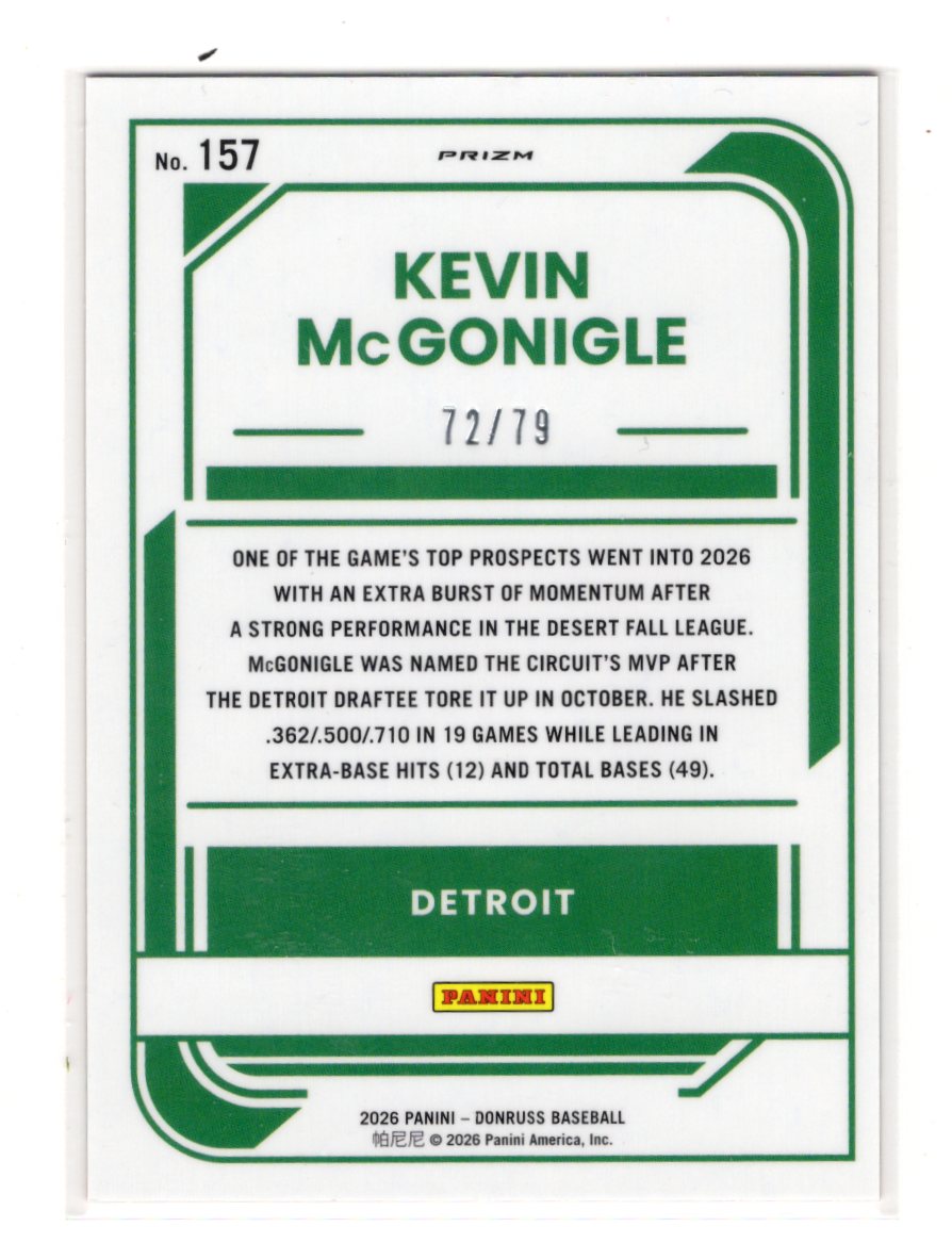 2026 Donruss Kevin McGonigle Card Optic Orange Scope SN Detroit Tigers #157