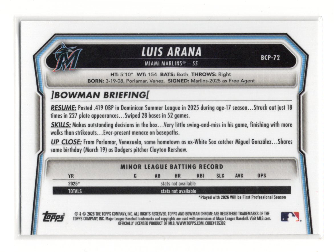 2026 Bowman Luis Arana Card Chrome Prospects Miami Marlins #BCP-72