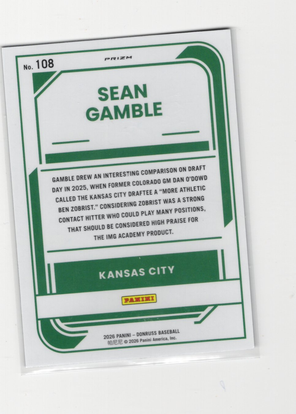 2026 Donruss Sean Gamble Card Optic Circles Kansas City Royals #108